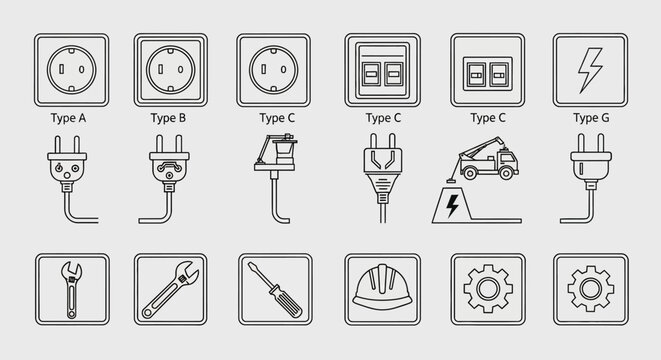 Collection of electrical plugs sockets and tools icons.