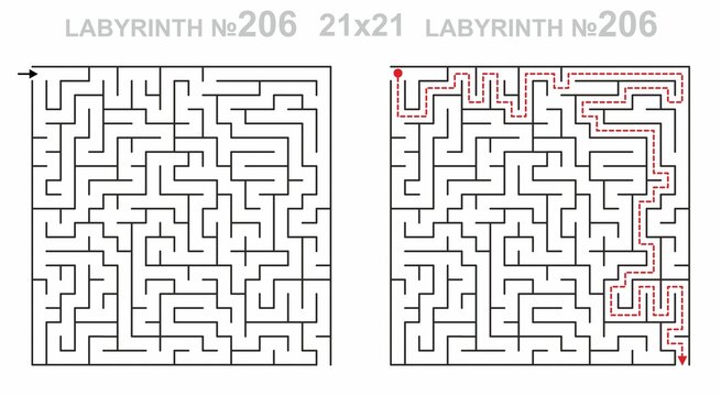 Solved maze vector 21x21 with answer key. Square labyrinth for kids activity. Maze challenge with answers. Easy to use.