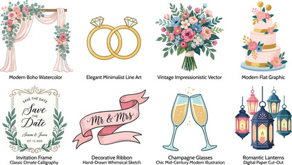 Fototapeta premium Wedding Celebration Vector Collection Featuring Floral Arch Rings Bouquet Cake Invitation and Romantic Decorative Elements
