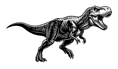 Black and White Tyrannosaurus Rex Illustration with Dynamic Dinosaur Action Pose © MDNOYON