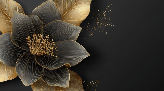 Beautiful spring black and gold floral wallpaper illustration with luxurious decorative flower design, elegant blooming botanical artwork on dark background, sophisticated golden petals and ornate nat