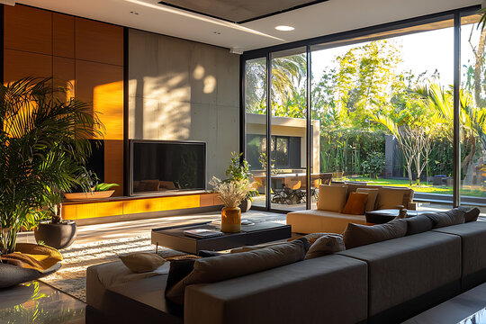 Modern Living Room with Large Windows Natural Light and Stylish Contemporary Home Interior Design.