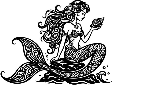 Ornate Mermaid Holding Seashell Sitting on Rock.
