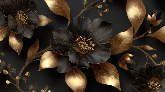 Beautiful spring black and gold floral wallpaper illustration with luxurious decorative flower design, elegant blooming botanical artwork on dark background, sophisticated golden petals and ornate nat