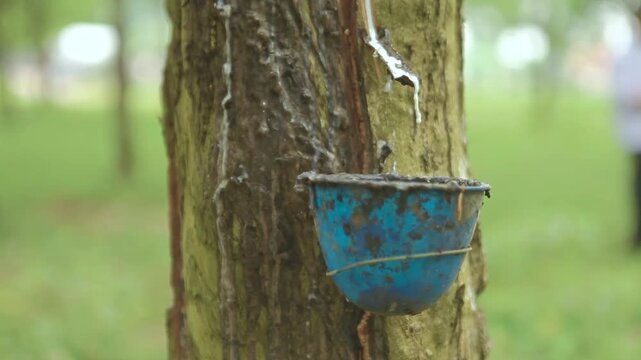 Harvesting Natural Raw Rubber Liquid in Plantation Field Close Up