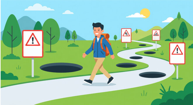 Man walking on a path with warning signs and hidden holes, concept of risk, caution and avoiding pitfalls