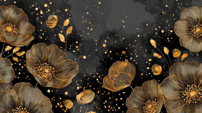 Beautiful spring black and gold floral wallpaper illustration with luxurious decorative flower design, elegant blooming botanical artwork on dark background, sophisticated golden petals and ornate nat