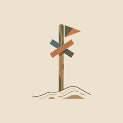 A wooden signpost stands in the sand with a small flag © Tapia
