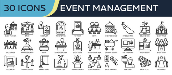 Obraz premium Collection of Event Management icons, related to Event Planner, Guest List, VIP Room, Gala Dinner, Catering Service and more. Outline icons vector illustation.
