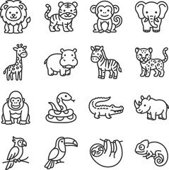 Fototapeta premium Black line drawn cartoon animals icons on white background