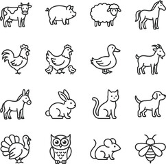 Black line drawn farm and domestic animals icons on white background © Md Imran