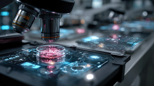 Ultra-modern holographic lab workstation projecting 3D experimental data, neon UI overlays, futuristic research technology, concept high-tech scientific device visualization,