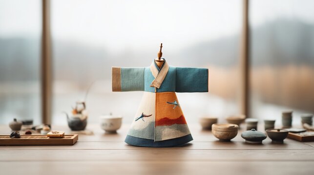 Miniature Korean hanbok doll on a wooden table, tea set around