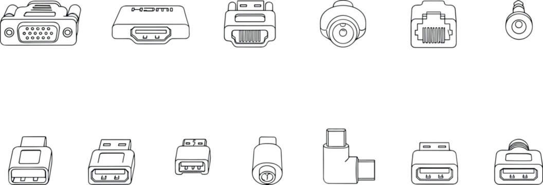Computer connector and cable port collection illustration, technology interface symbols set, electronic vector design