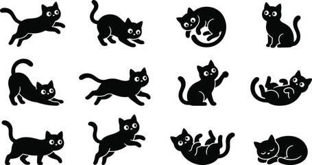 Naklejka premium Cute black cat silhouettes collection, playful feline poses and pet characters, vector illustration set
