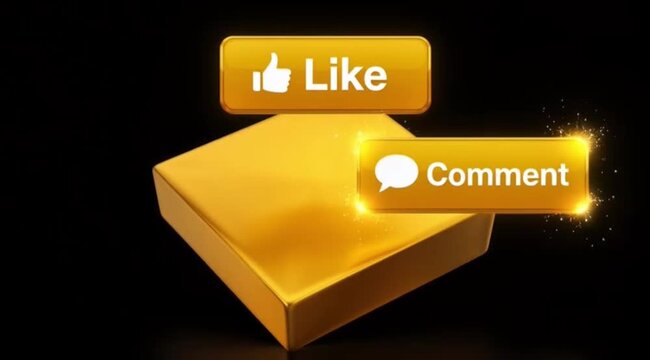 Golden Social Media Engagement Icons Animation with Like Comment Share and Follow Buttons on Black Background