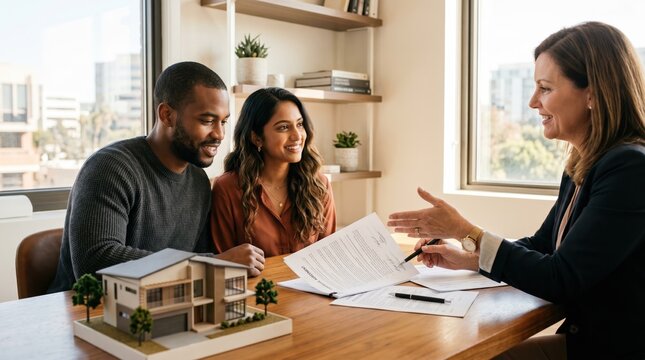 Young Diverse Couple Reviewing Home Purchase Agreement with Real Estate Agent in Office for Mortgage Approval and First Time Home Ownership