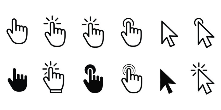Computer mouse pointer icon set vector featuring clicking pointer cursor symbol for website navigation, application controls, interactive technology graphics, editable vector illustration