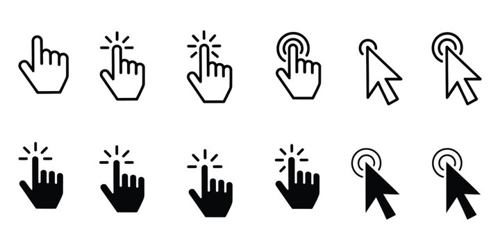 Computer mouse pointer icon set vector, clicking pointer cursor symbol for user interface navigation, web interaction, digital control elements, vector illustration, vector, designs