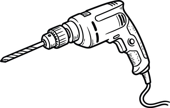  Electric power drill hand drawn vector illustration showing classic corded hardware tool equipment with spiral drill bit attached isolated on white background for construction carpentry repair or ren