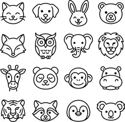 Fototapeta premium Collection of cute animal faces in line art style on white background