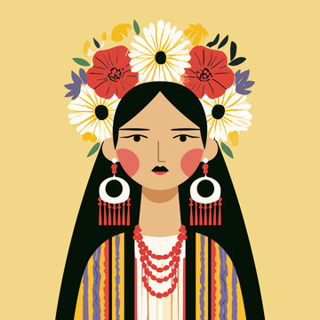 Woman wearing traditional Ukrainian flower vinok and clothing