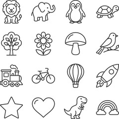 Fototapeta premium Line drawing icons of animals transportation objects and nature on white background