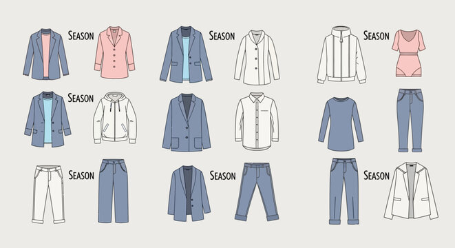 Flat Vector Fashion Apparel Collection Featuring Professional Blazers Hoodies and Casual Trousers for Modern Seasonal Wardrobe Designs