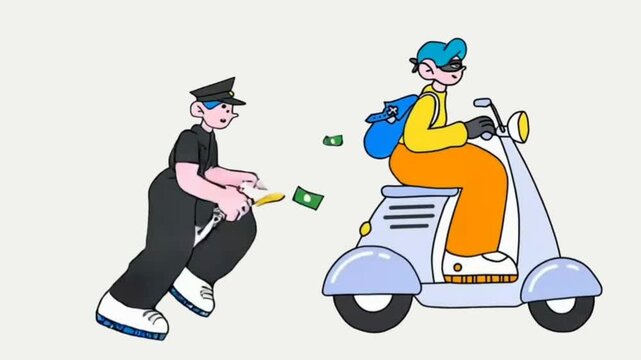 Police Officer Chasing Thief on Scooter, Robbery and Law Enforcement Cartoon Illustration, Crime and Justice Concept, Hand-drawn flat vector illustration showing a police officer running to catch man
