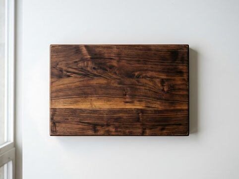 Dark Walnut Wood Rectangular Board Mounted on White Wall Background
