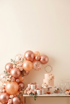 Elegant Celebration Table with Rose Gold Balloon Arch and Tiered Cake