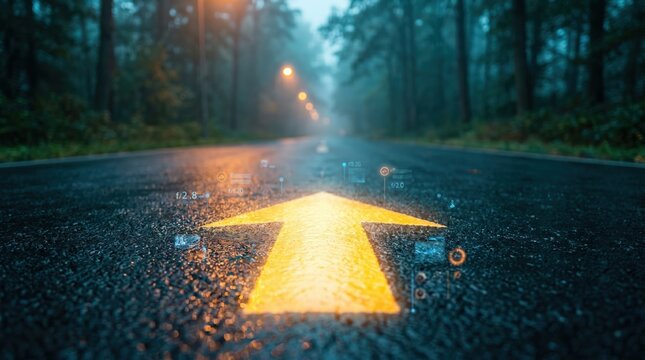 3D render of autonomous vehicle navigation with glowing yellow arrow and digital HUD overlay on wet forest road for smart city logistics management
