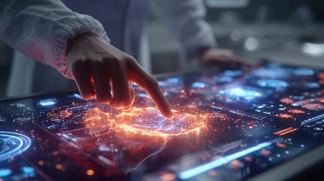 Ultra-modern holographic lab workstation projecting 3D experimental data, neon UI overlays, futuristic research technology, concept high-tech scientific device visualization,