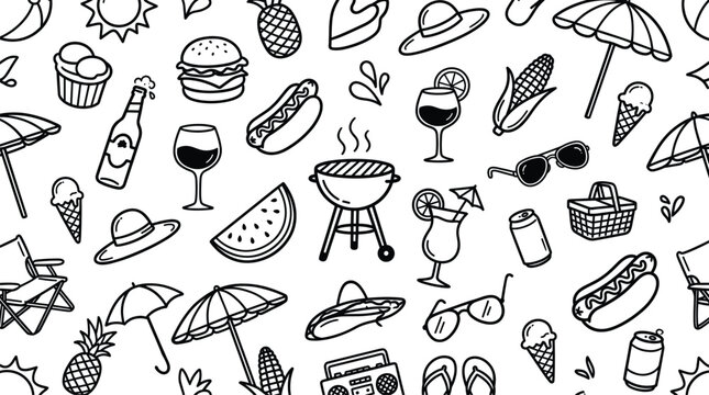Summer vacation doodle pattern collection, beach food and travel elements, outline vector illustration set