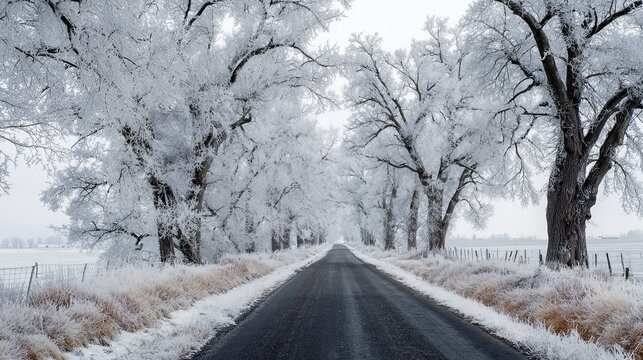 A serene winter road lined with frost-covered trees stretches into the distance under an overcast sky.