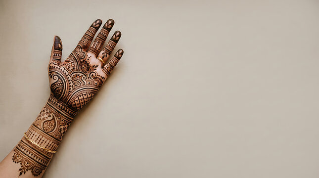 Intricate traditional henna art on a hand with copy space
