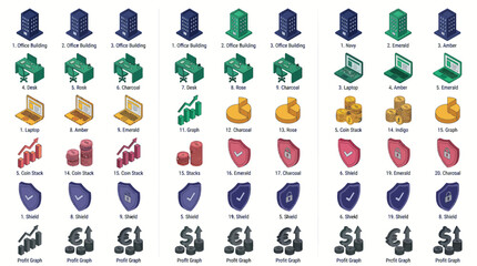 Fototapeta premium Various icons of animals, buildings, and objects are displayed in rows.