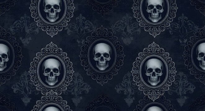 Gothic seamless pattern with human skulls in ornate vintage frames
