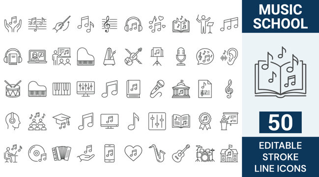 Music School icon set. Contain icons related to relevant to music schools, music, learning and more. Outline Icon Collection. Editable stroke. Vector illustration