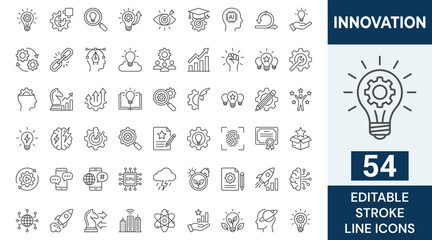 Fototapeta premium Innovation icon set. Containing creativity, invention, prototype, Design Thinking, Brainstorm, visionary, revolution and more. Outline Icon Collection. Editable stroke. Vector illustration