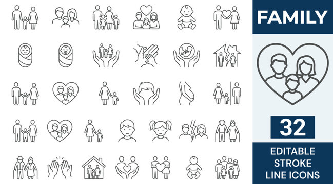 Family icon set. Contain icons related to parenthood, grandparents, children, adoption, and more. Editable stroke. Vector illustration