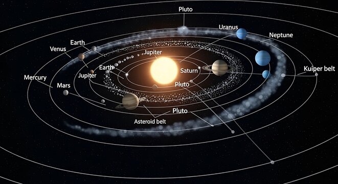 Diagram of the solar system showing planets orbits and celestial belts around the sun