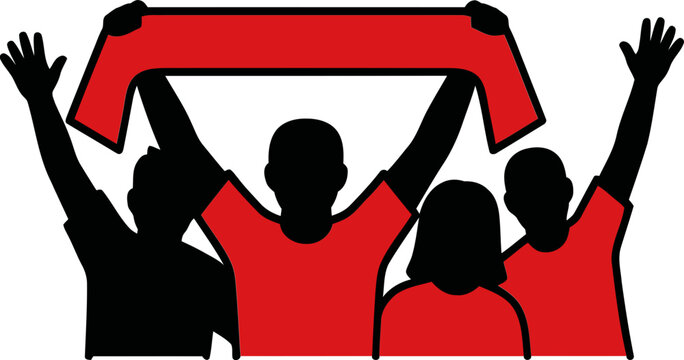 Three people holding up a red banner