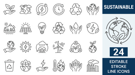 Obraz premium Sustainable icon set. Contain icons related to Sustainability and environmental. Editable stroke. Vector illustration