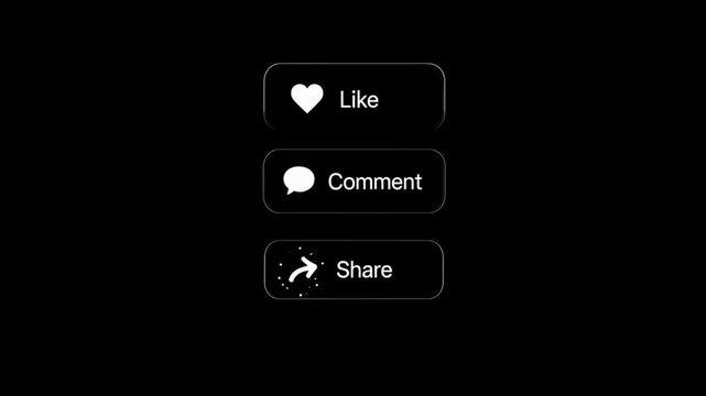 Social Media Like Comment and Share Buttons Animation on Black Background