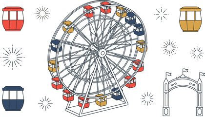 Line Art Isometric Ferris Wheel Vector Set with Colorful Cabins Carnival Entrance Archway and Spark Elements for Amusement Park Festival Designs © EdGe Creative