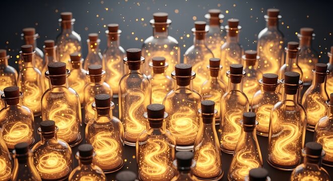 Collection of magical glass bottles with glowing golden energy swirls inside