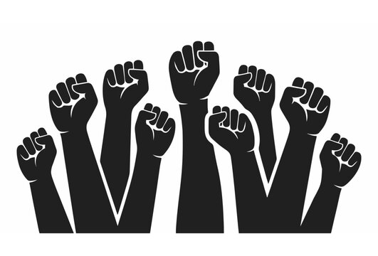 Raised Fists Expressing Unity and Strength Black Silhouette Vector Illustration Protest Crowd Power Symbol on White