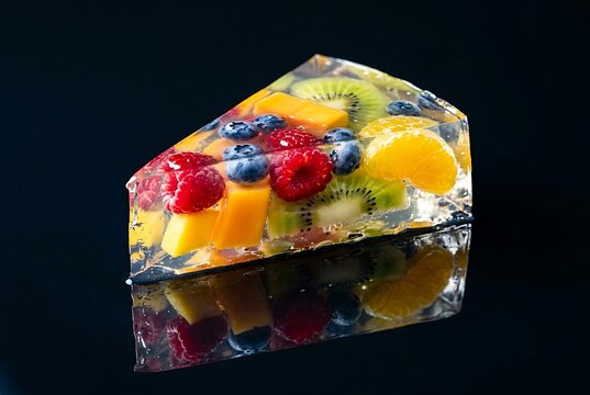 Slice of fruit gelatin cake with berries and kiwi on black reflective background