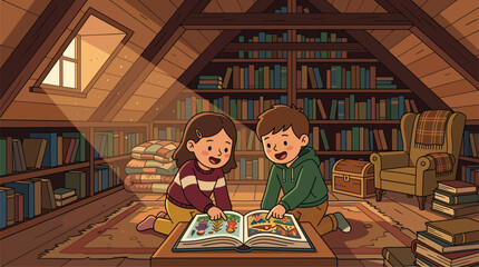 Children reading a book together in a cozy attic library filled with books. © hvala Bogu